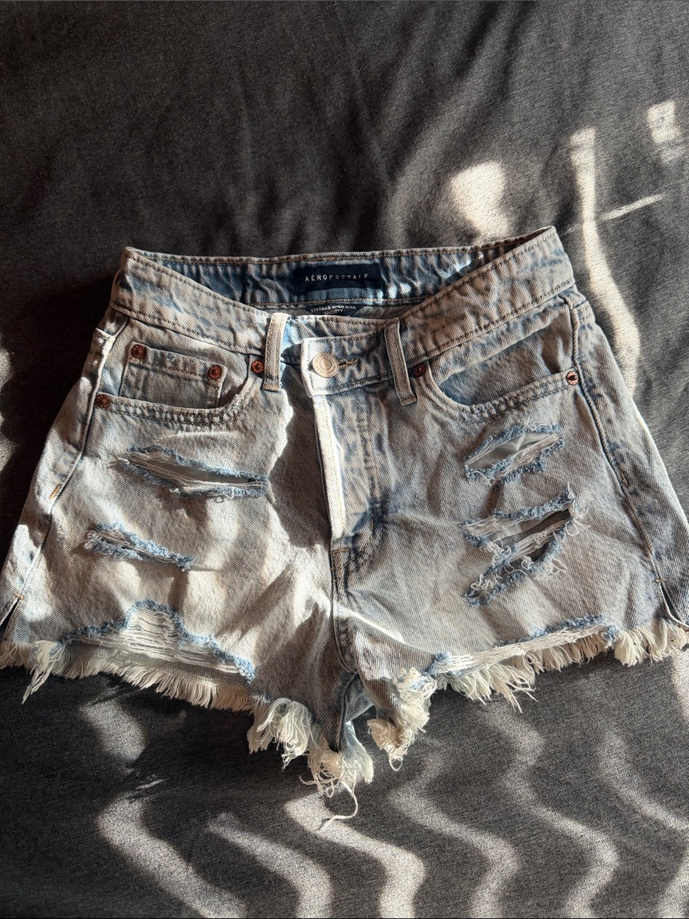 Aeropostale Women's Cross- Button Light Wash Distressed Denim Shorts- Size 000
